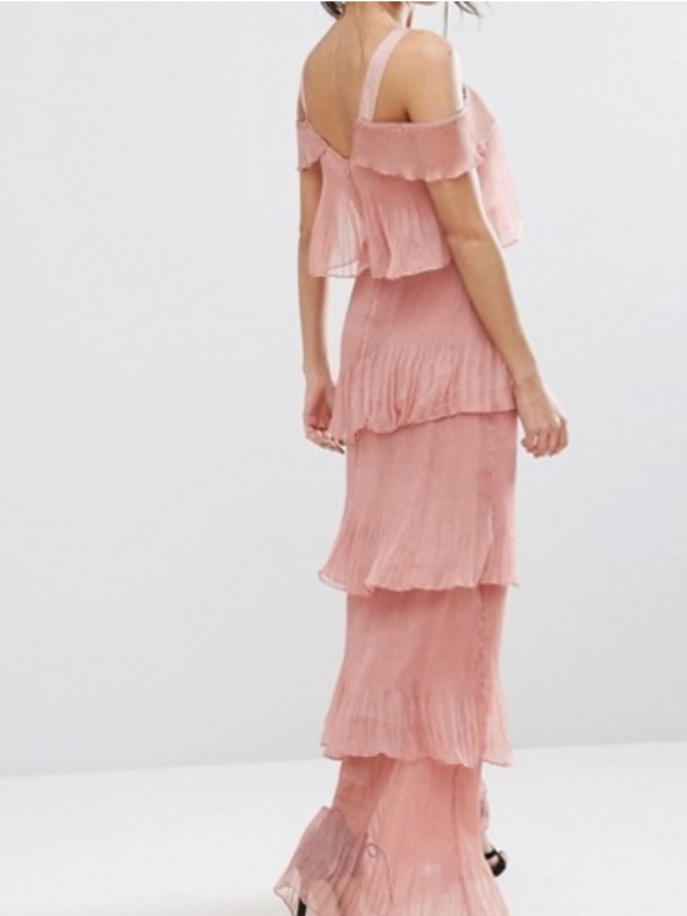 True Decadence Pleated Tiered Cold-Shoulder Maxi Dress in Blush Pink size Medium - Picture 2 of 11